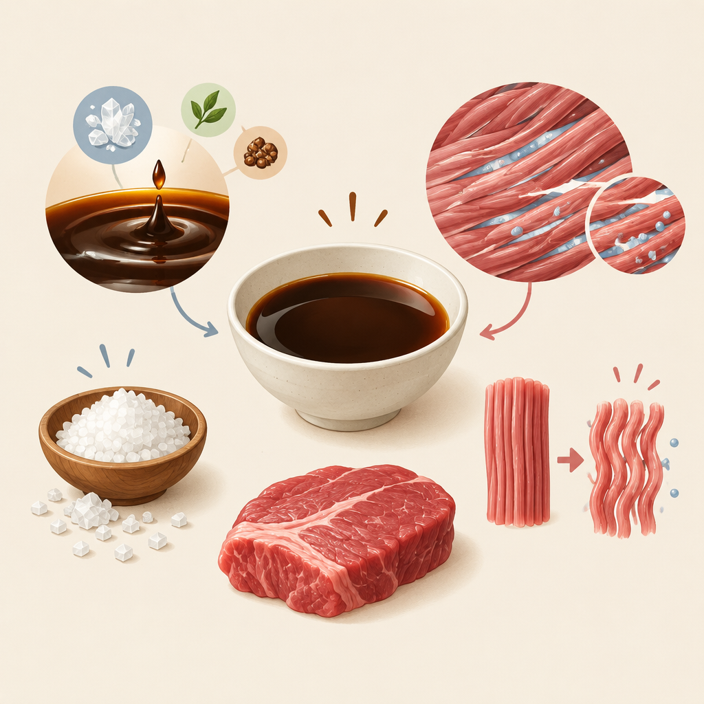 AI 생성 설명 이미지: 안산일동한우 유니드정육식당 | 간장의 맛과 연육 작용 구분하기